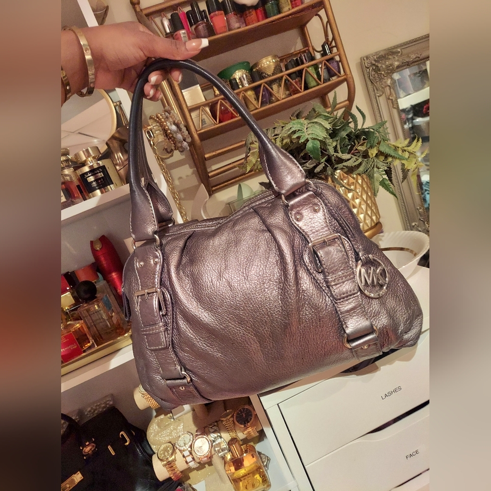 Michael Kors Fulton Metallic Dark Grey Leather Top Handle Bowler Bag Pur… - Picture 10 of 16
